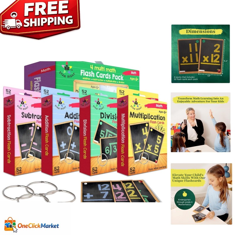 Set of 208 Math Flash Cards – Addition, Subtraction, Multiplication & Division