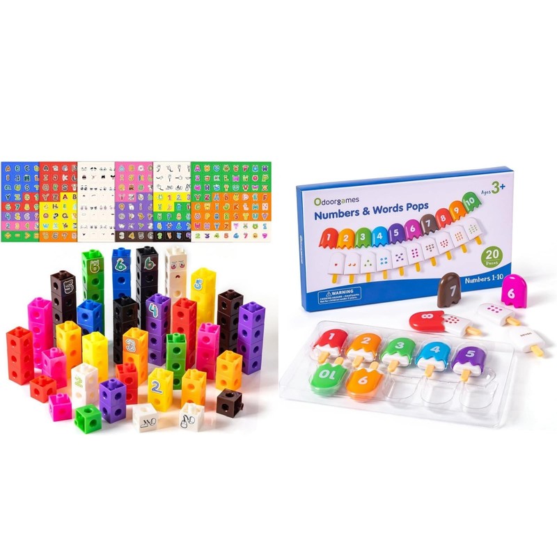 Odoorgames 100 Pcs Math Linking Cubes with 384 Cartoon Stickers – Mini…
