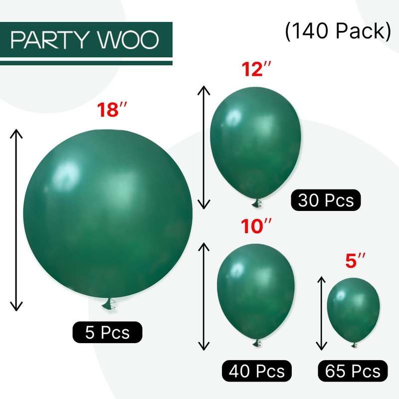 PartyWoo 140pc Pearl Dark Green Balloon Arch Kit 5/10/12/18in Jungle Dino gallery