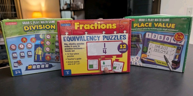 Lakeshore Math Games Grades 3-4 Fractions, Division, Place Value Sealed Lot of 3